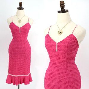 SOLD - Vintage Betsey Johnson Hot Pink White Trim Bodycon Stretchy Dress 6